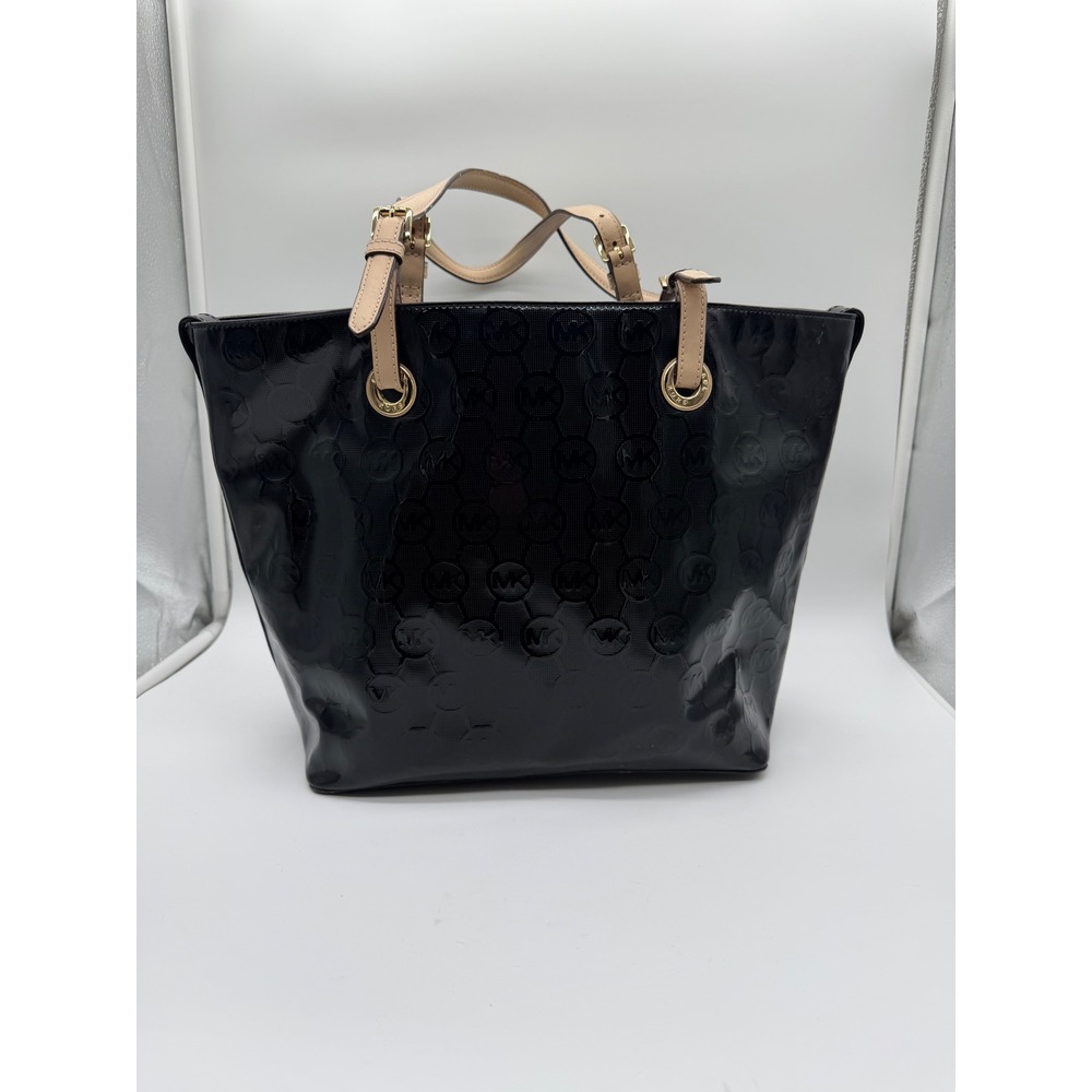 Michael Kors Black Patent Leather Monogram Tote Bag Gold Hardware